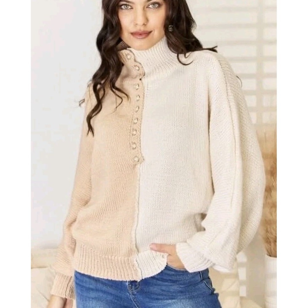 New POL Oversized Colorblock Two Toned Chunky Knit Turtleneck Sweater Pearl Sz M